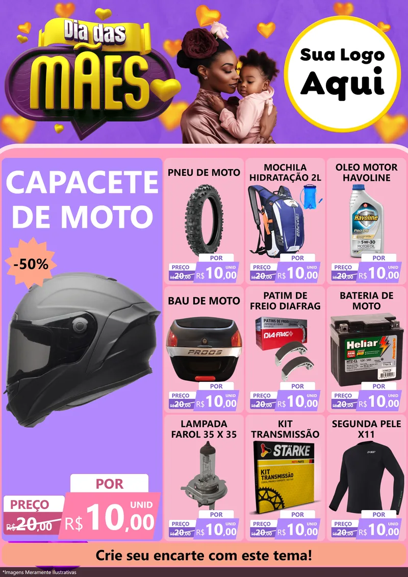 Modelo de Encarte para Encarte A4 Vertical com o tema Dia das Mães para Moto peças