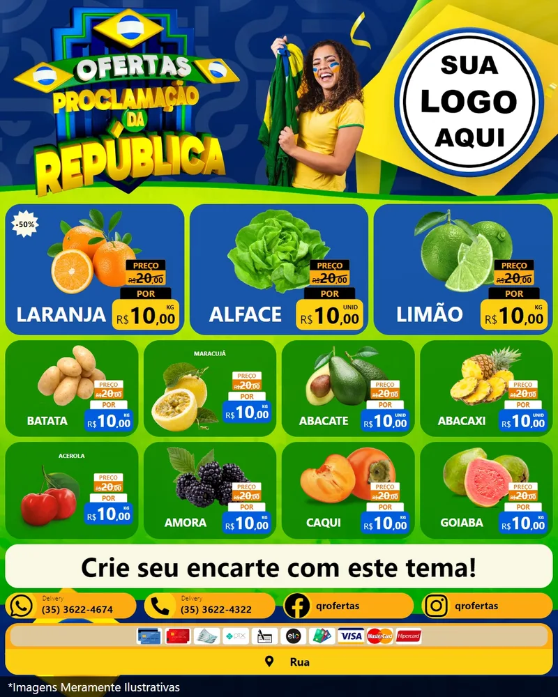 Modelo de Rede Social para Feed Instagram com o tema Ofertas Proclamação da República para Hortifrúti