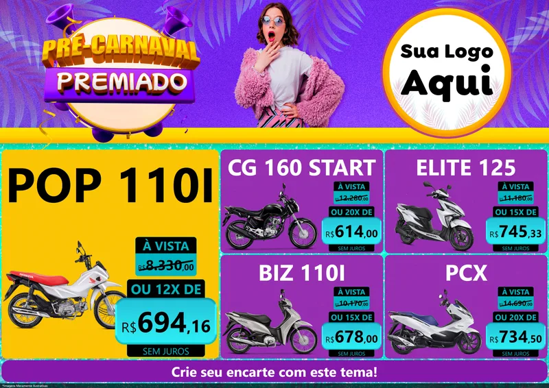 Modelo de Encarte para Encarte A4 Horizontal com o tema Pré-Carnaval Premiado para Concessionaria de Motos