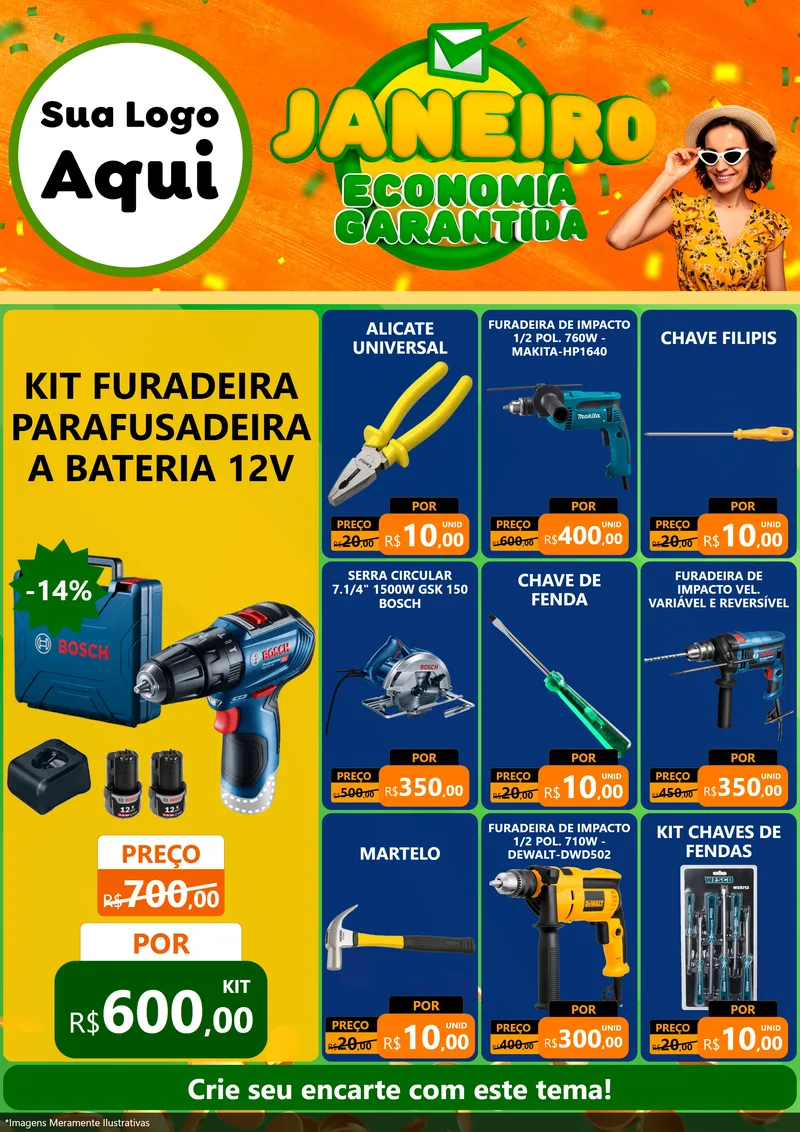 Modelo de Encarte para Encarte A4 Vertical com o tema Janeiro - Economia Garantida para Maquinas e Ferramentas