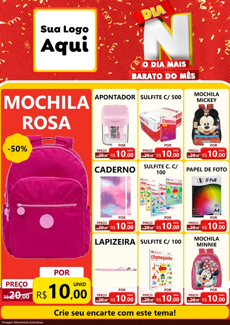 Modelo de Encarte para Encarte A4 Vertical com o tema Dia N o Dia Mais Barato do Mês para Papelaria
