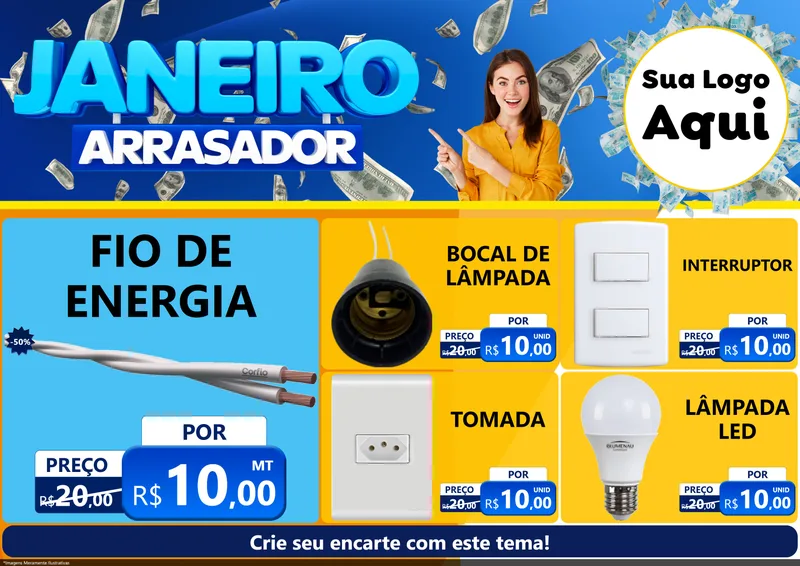 Modelo de Encarte para Encarte A4 Horizontal com o tema Janeiro Arrasador para Materiais Elétricos