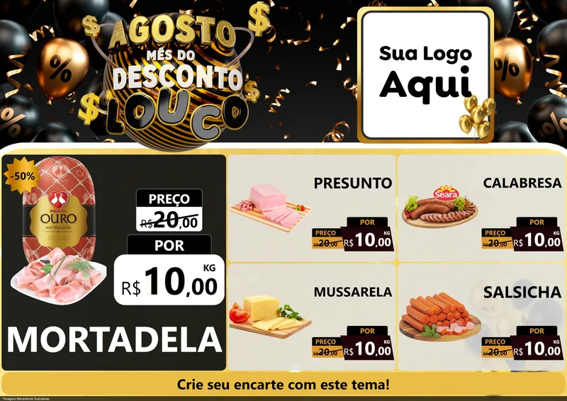 Modelo de Encarte para Encarte A4 Horizontal com o tema Agosto Mês do Desconto Louco para Frios e Laticínios