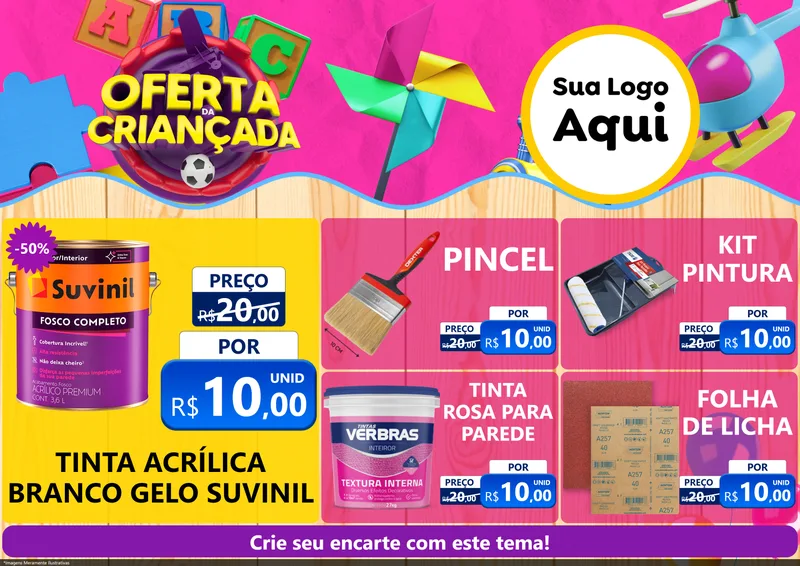 Modelo de Encarte para Encarte A4 Horizontal com o tema Oferta da Criançada para Tintas e Ferramentas