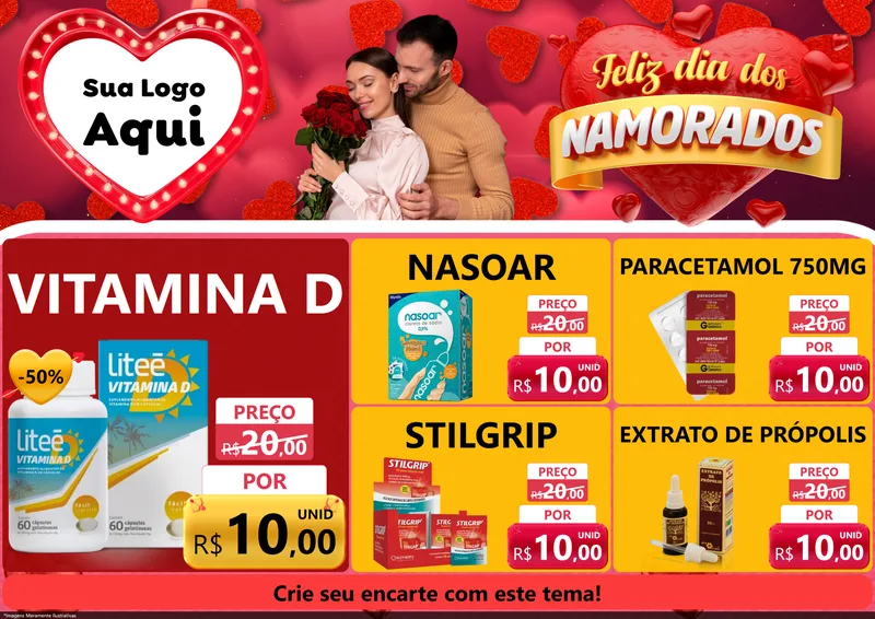 Modelo de Encarte para Encarte A4 Horizontal com o tema Feliz Dia Dos Namorados para Farmácia