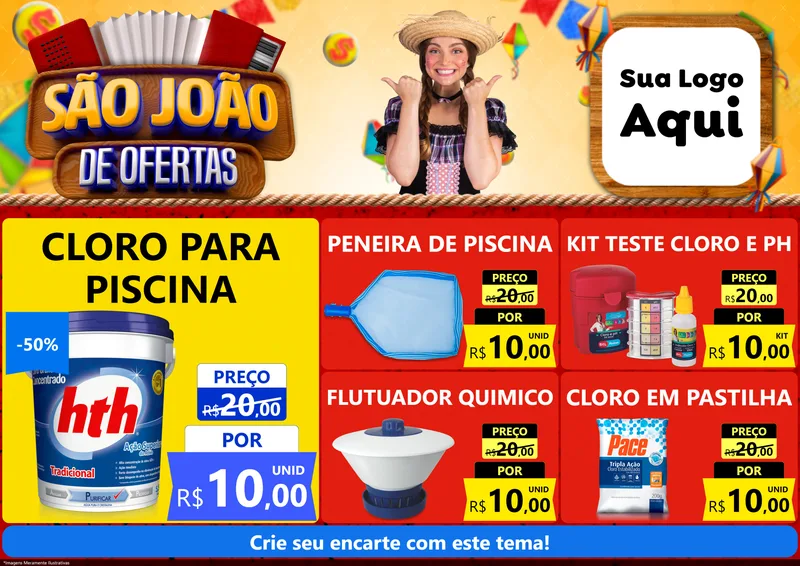 Modelo de Encarte para Encarte A4 Horizontal com o tema São João de Ofertas para Produtos para Piscina