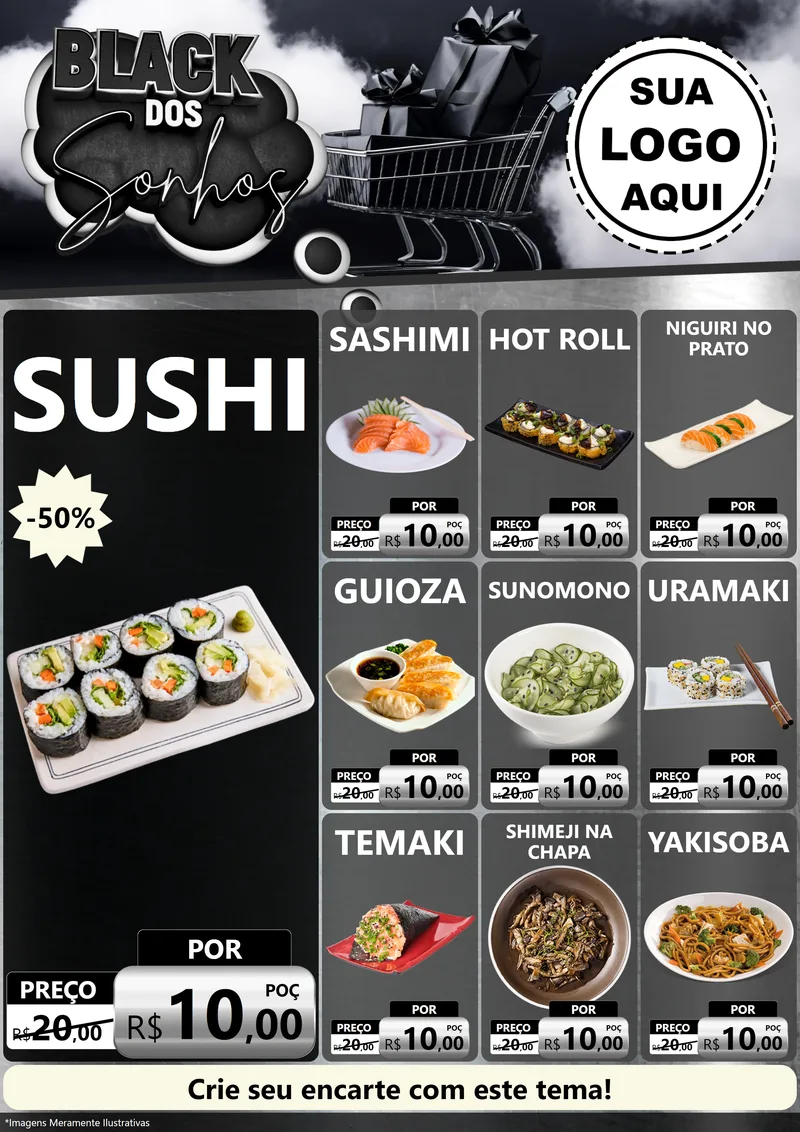 Modelo de Encarte para Encarte A4 Vertical com o tema Black dos Sonhos para Comida japonesa