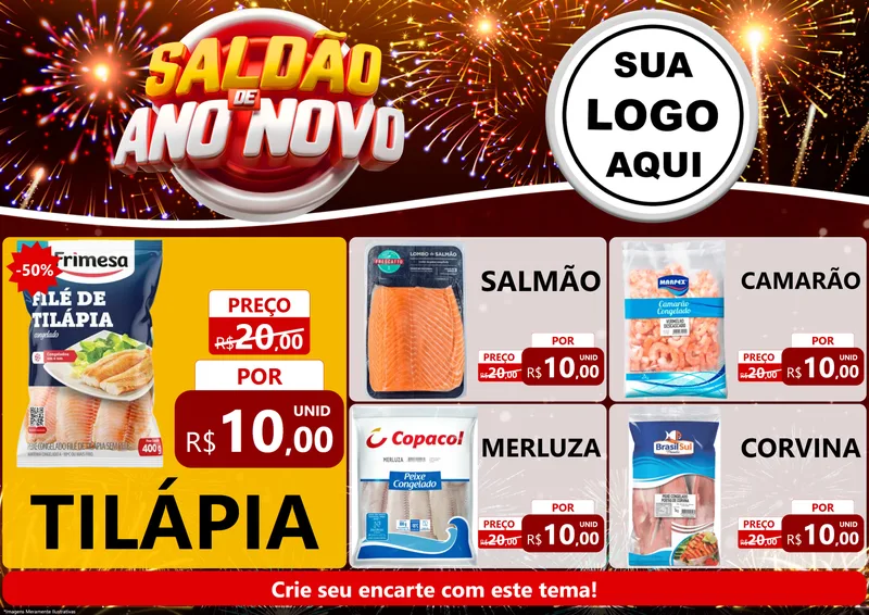 Modelo de Encarte para Encarte A4 Horizontal com o tema Saldão de Ano Novo para Peixaria