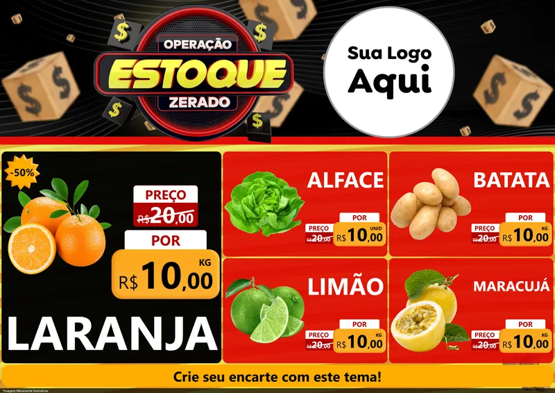 Modelo de Encarte para Encarte A4 Horizontal com o tema Operação Estoque Zerado para Hortifrúti