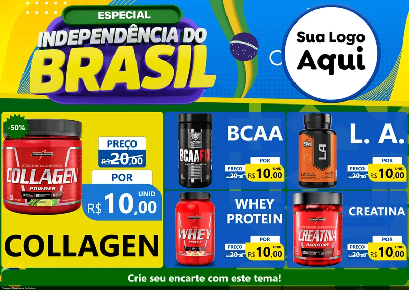 Modelo de Encarte para Encarte A4 Horizontal com o tema Especial Independência do Brasil para Suplementos alimentares