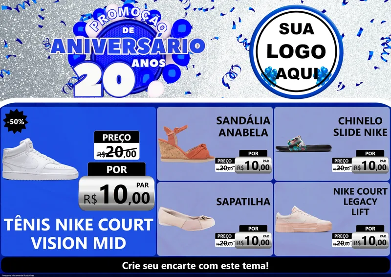 Modelo de Encarte para Encarte A4 Horizontal com o tema Promoção de Aniversário - 20 Anos para Calçados