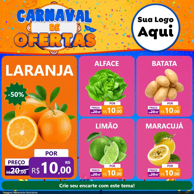 Modelo de Rede Social para Feed Facebook com o tema Carnaval de Ofertas para Hortifrúti