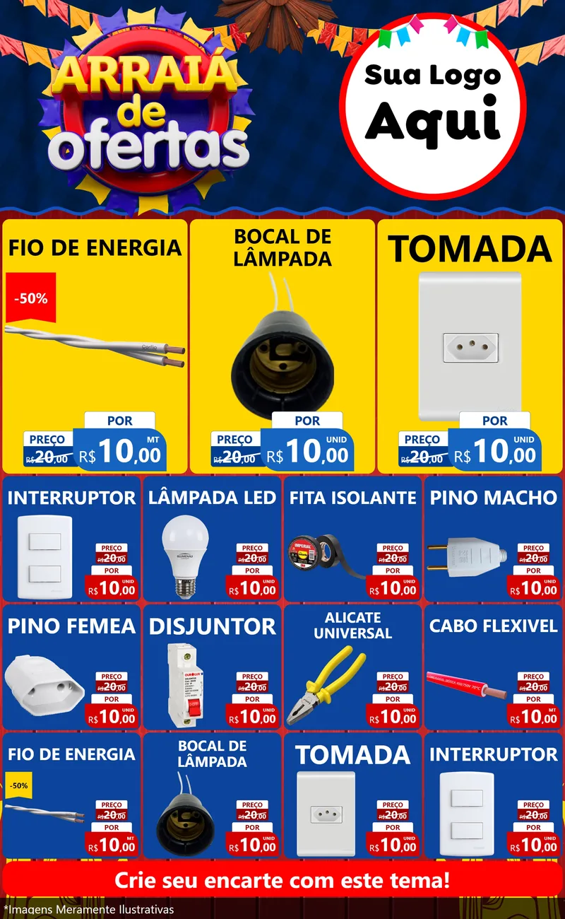 Modelo de Encarte para Encarte Grande com o tema Arraiá de Ofertas para Materiais Elétricos