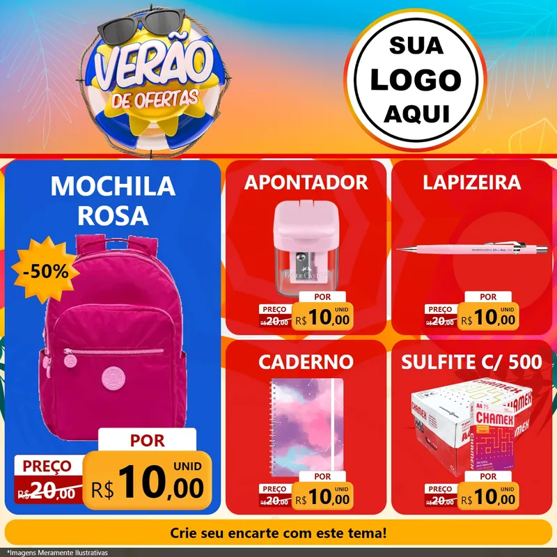 Modelo de Rede Social para Feed Facebook com o tema Verão de Ofertas para Papelaria