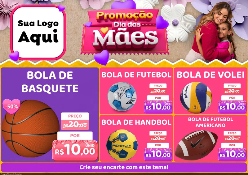 Modelo de Encarte para Encarte A4 Horizontal com o tema Promoção Dia das Mães para Artigos Esportivos
