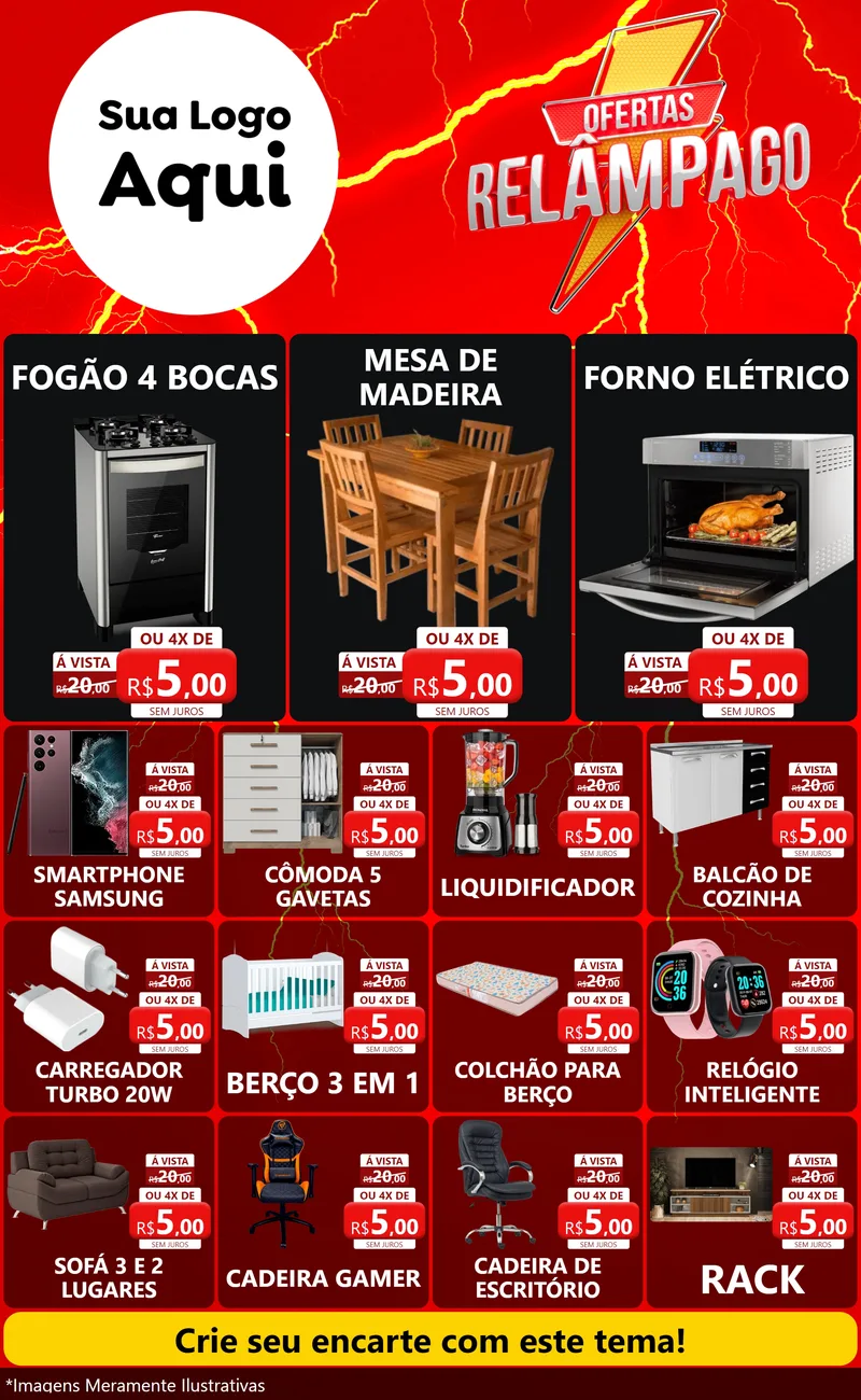Modelo de Encarte para Encarte Grande com o tema Ofertas Relâmpago para Móveis e Eletro
