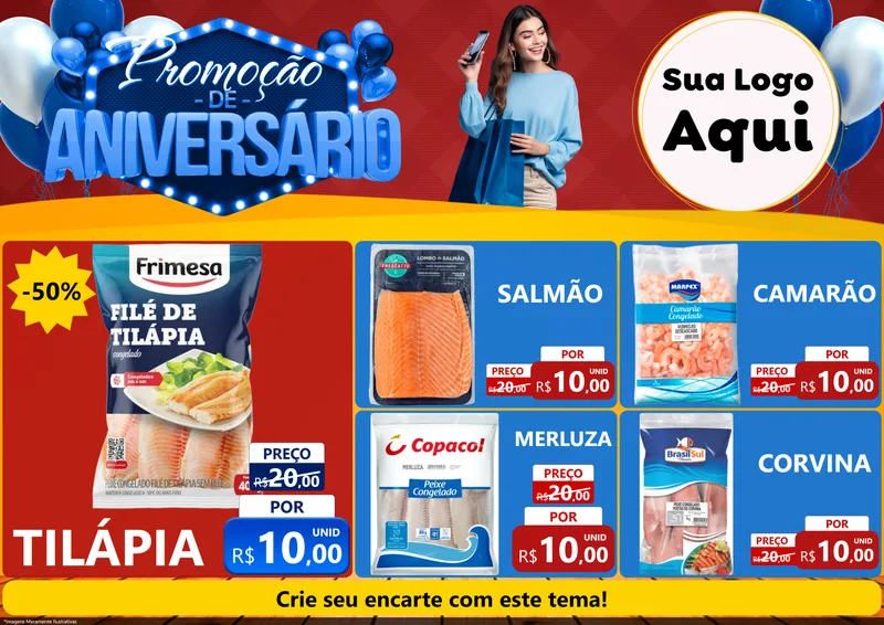 Modelo de Encarte para Encarte A4 Horizontal com o tema Promoção de Aniversário para Peixaria