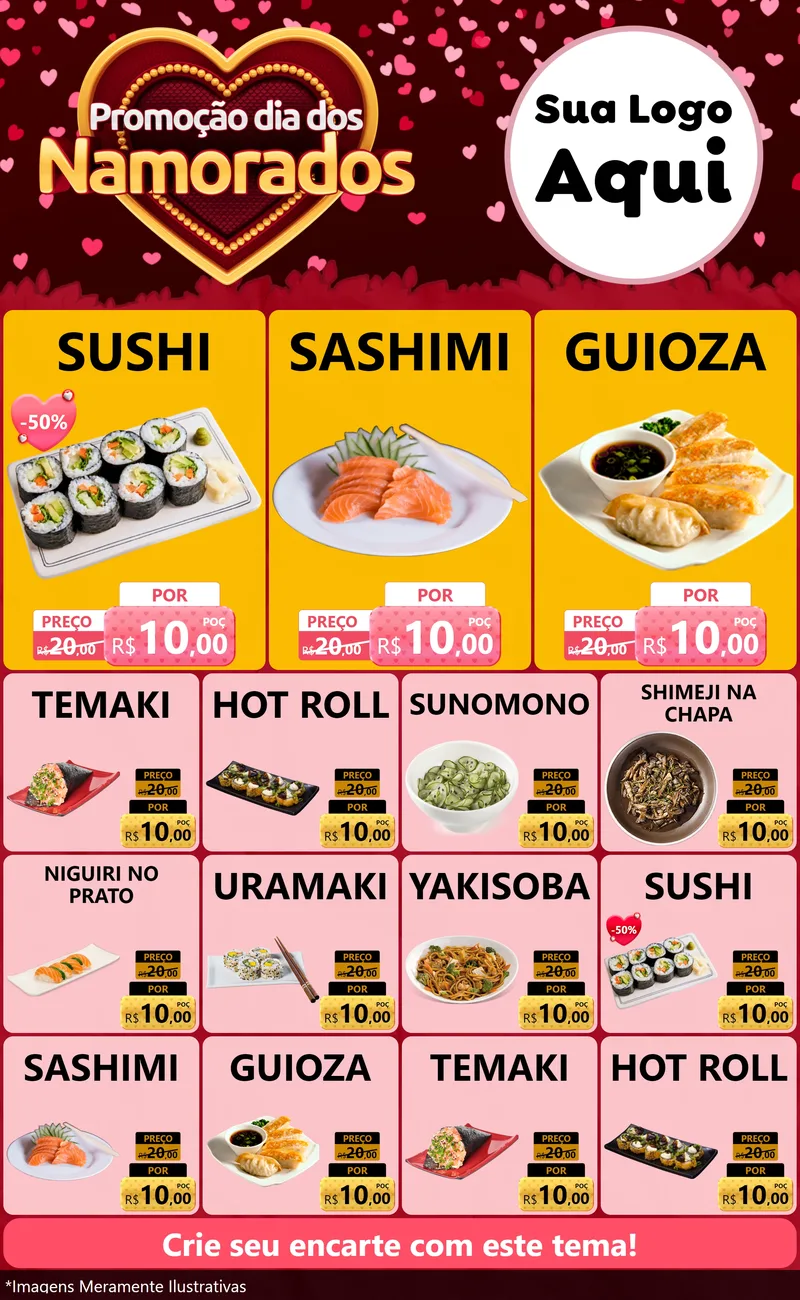 Modelo de Encarte para Encarte Grande com o tema Promoção Dia Dos Namorados para Comida japonesa