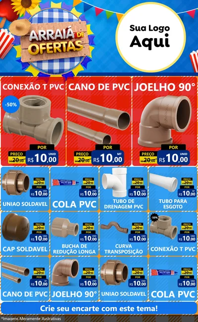 Modelo de Encarte para Encarte Grande com o tema Arraiá de Ofertas para Tubos e conexões