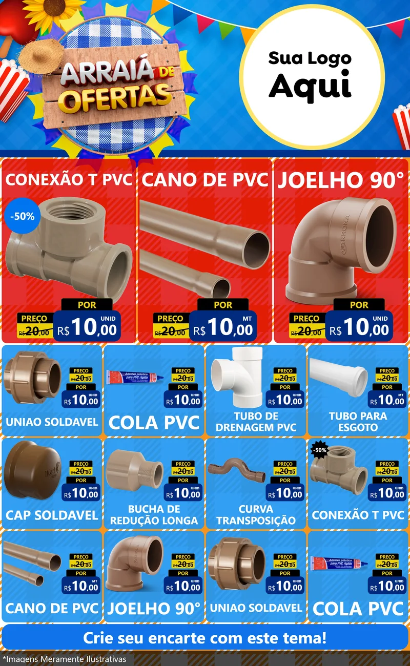 Modelo de Encarte para Encarte Grande com o tema Arraiá de Ofertas para Tubos e conexões