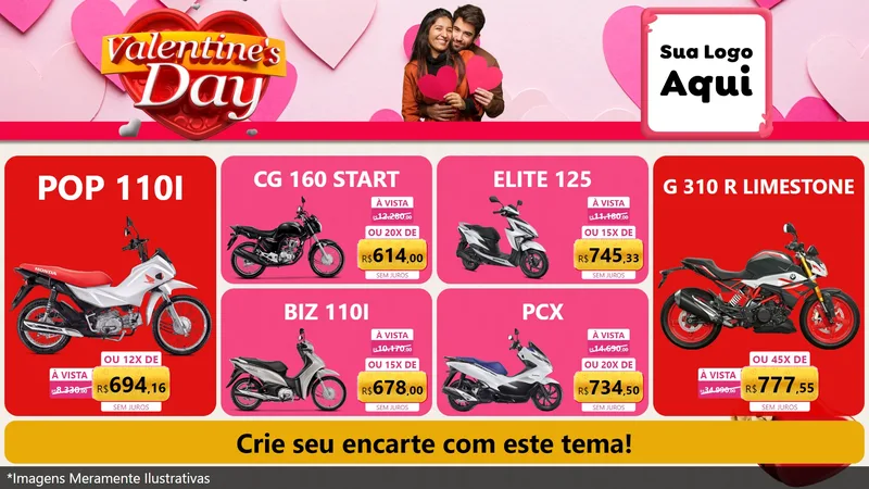Modelo de TV para TV Horizontal com o tema Valentine's Day para Concessionaria de Motos