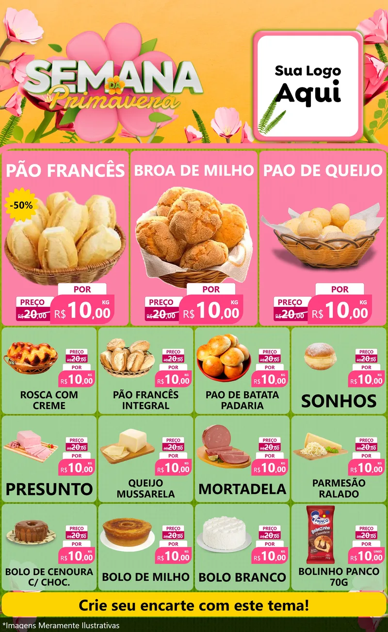 Modelo de Encarte para Encarte Grande com o tema Semana da Primavera para Padaria