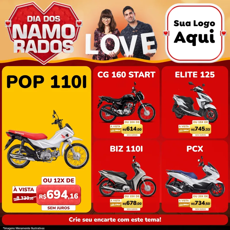 Modelo de Rede Social para Feed Facebook com o tema Dia dos Namorados para Concessionaria de Motos