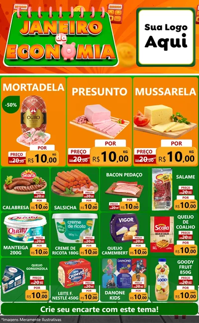 Modelo de Encarte para Encarte Grande com o tema Janeiro da Economia para Frios e Laticínios