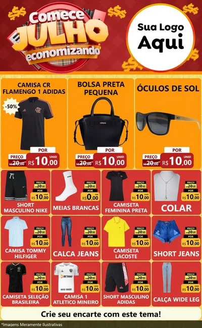 Modelo de Encarte para Encarte Grande com o tema Comece Julho Economizando para Roupas e acessórios