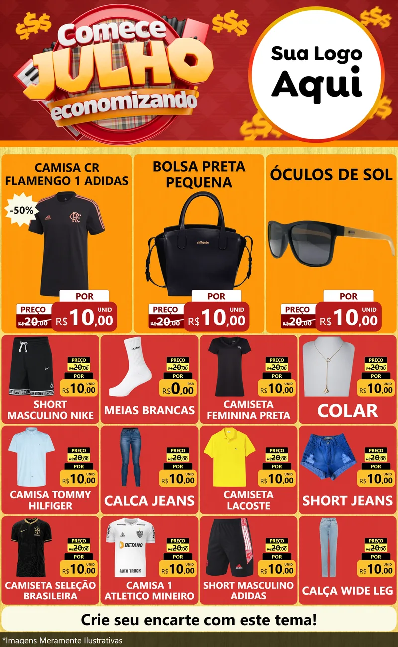 Modelo de Encarte para Encarte Grande com o tema Comece Julho Economizando para Roupas e acessórios