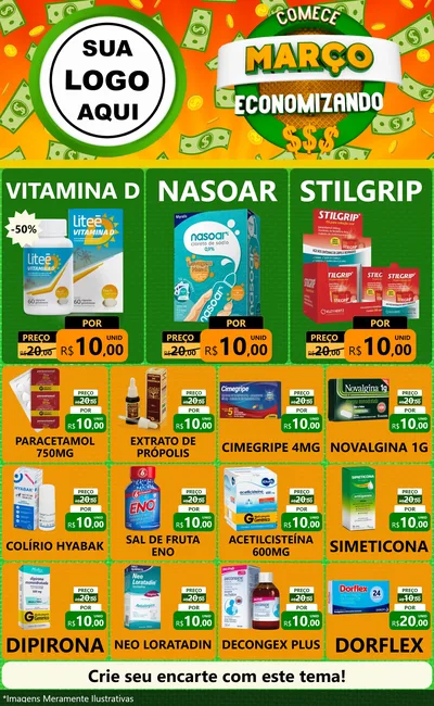 Modelo de Encarte para Encarte Grande com o tema Comece Março Economizando para Farmácia