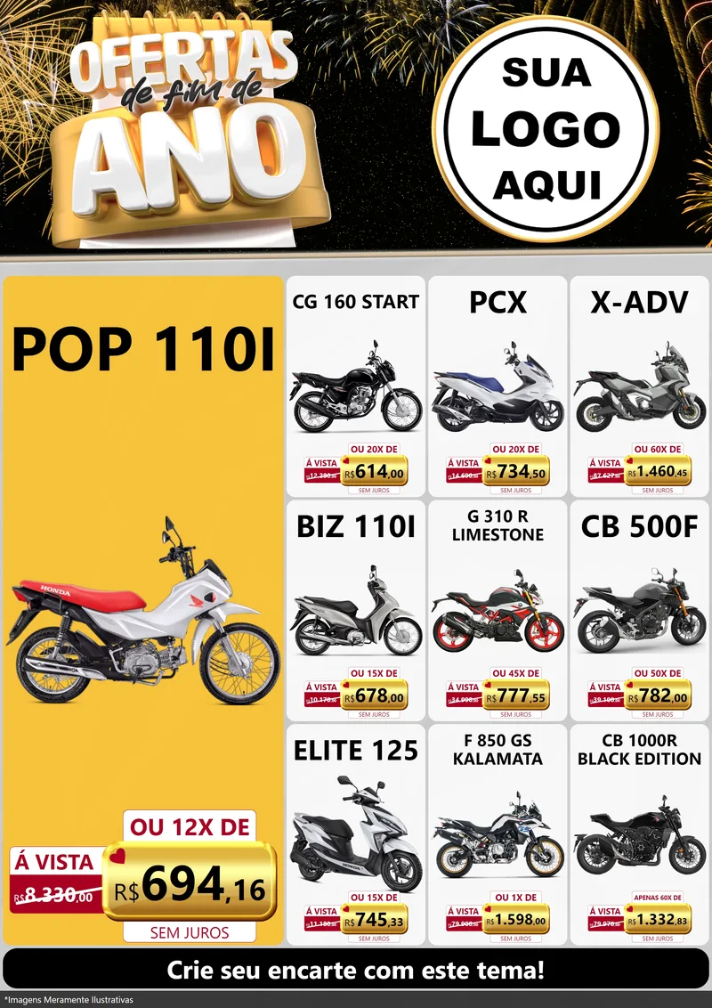 Modelo de Encarte para Encarte A4 Vertical com o tema Ofertas de Fim de Ano para Concessionaria de Motos