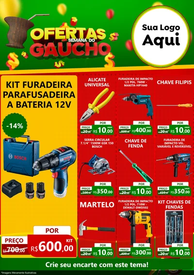 Modelo de Encarte para Encarte A4 Vertical com o tema Ofertas Semana Do Gaúcho para Maquinas e Ferramentas