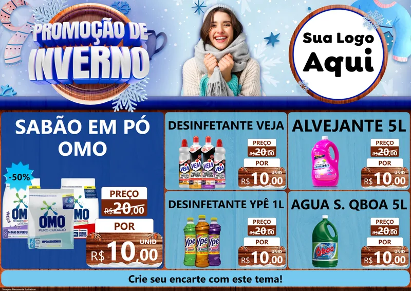 Modelo de Encarte para Encarte A4 Horizontal com o tema Promoção de Inverno para Produtos de Limpeza