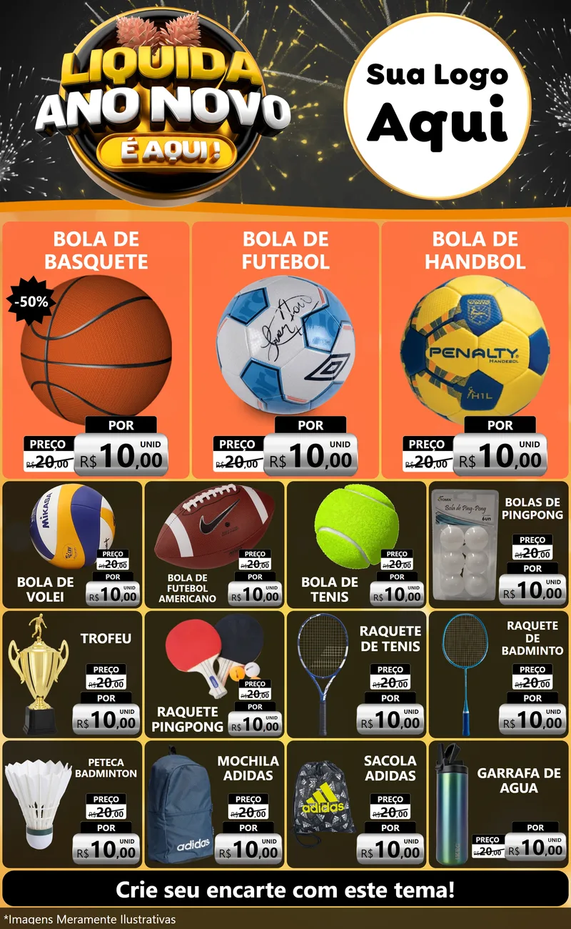 Modelo de Encarte para Encarte Grande com o tema Liquida Ano Novo É Aqui! para Artigos Esportivos