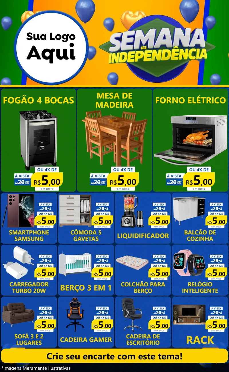 Modelo de Encarte para Encarte Grande com o tema Semana da Independência para Móveis e Eletro