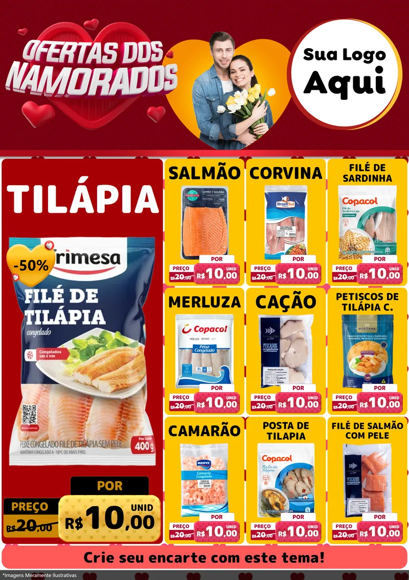 Modelo de Encarte para Encarte A4 Vertical com o tema Ofertas Dos Namorados para Peixaria