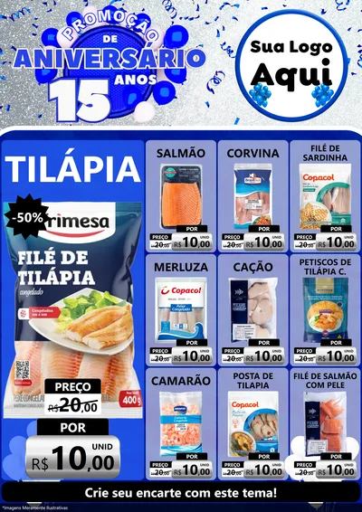 Modelo de Encarte para Encarte A4 Vertical com o tema Promoção de Aniversário - 15 Anos para Peixaria