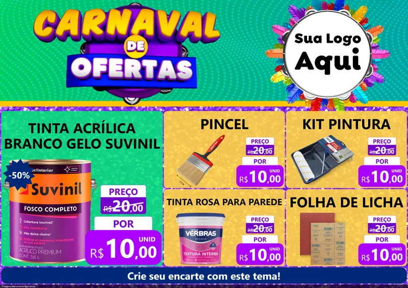Modelo de Encarte para Encarte A4 Horizontal com o tema Carnaval de Ofertas para Tintas e Ferramentas