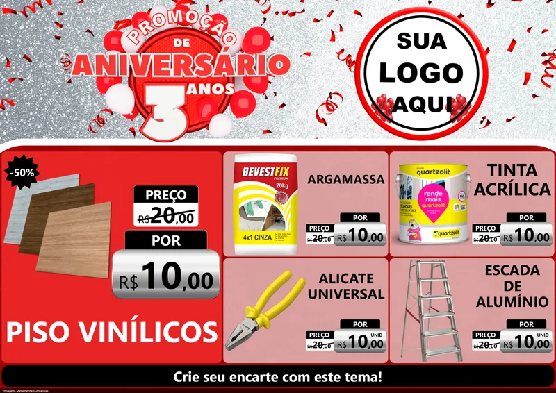 Modelo de Encarte para Encarte A4 Horizontal com o tema Promoção de Aniversário - 3 Anos para Material para Construção
