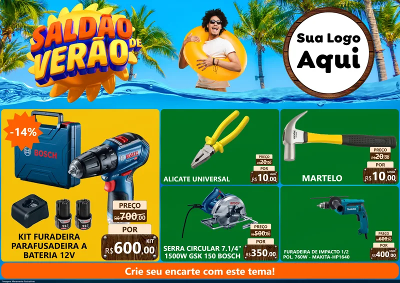 Modelo de Encarte para Encarte A4 Horizontal com o tema Saldão de Verão para Maquinas e Ferramentas