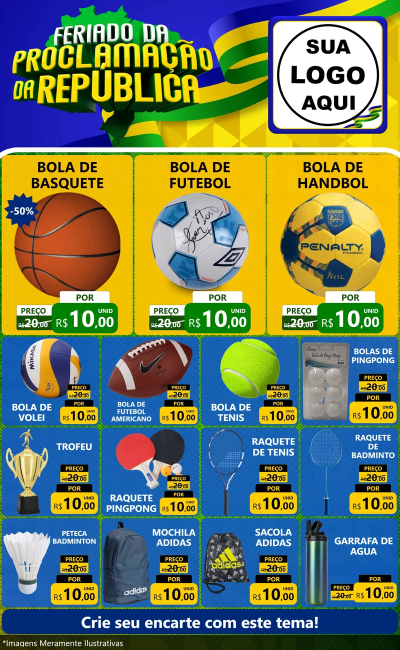 Modelo de Encarte para Encarte Grande com o tema Feriado da Proclamação da República para Artigos Esportivos
