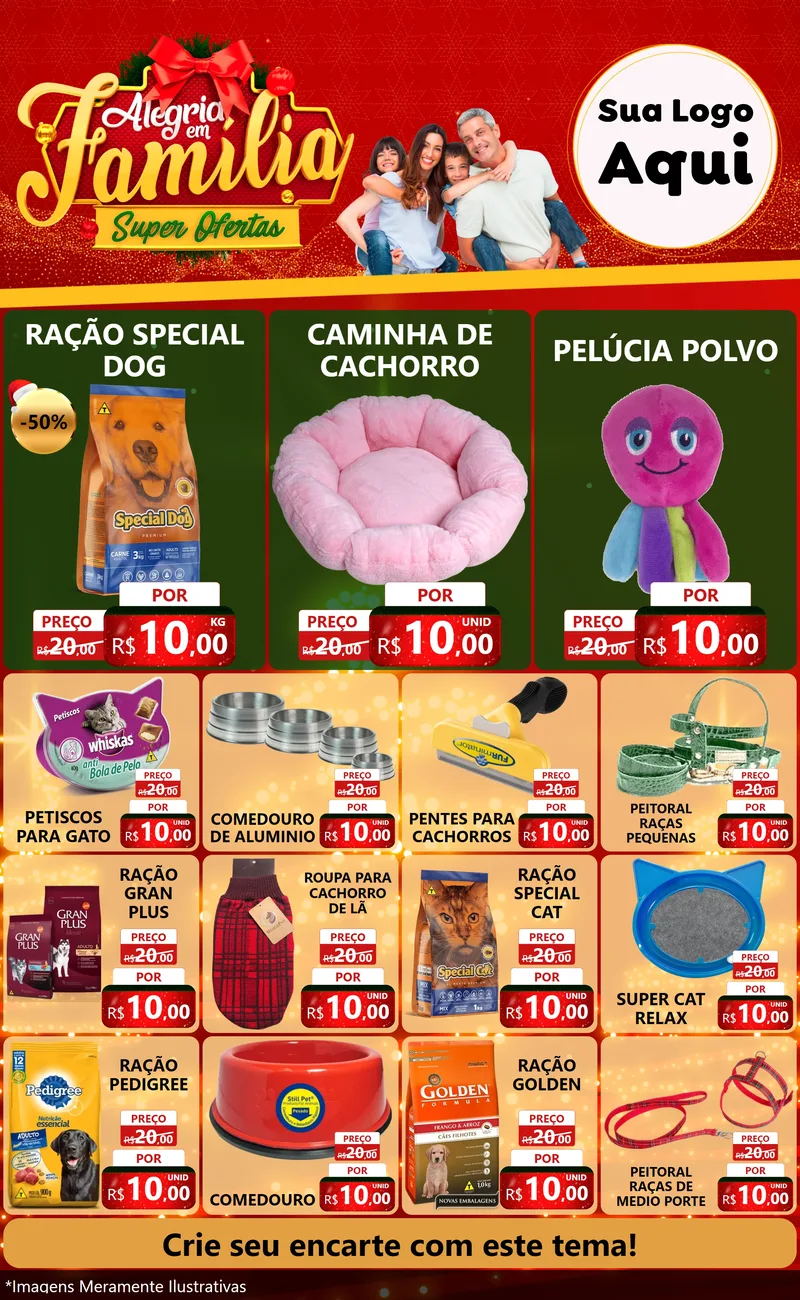 Modelo de Encarte para Encarte Grande com o tema Alegria em Família Super Ofertas - Natal para Pet Shop