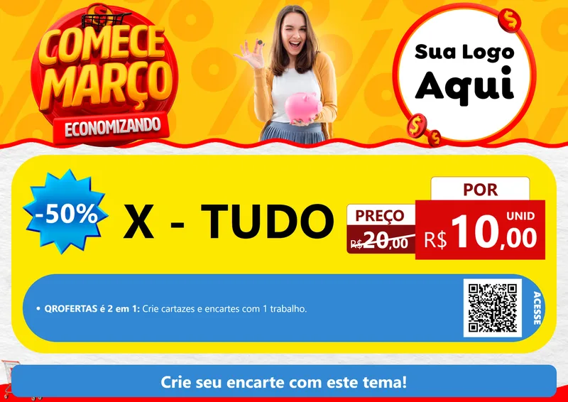 Modelo de Cartaz para Cartaz A4 Horizontal com o tema Comece Março Economizando para Hamburgueria