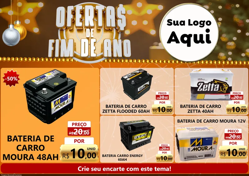 Modelo de Encarte para Encarte A4 Horizontal com o tema Ofertas de Fim de Ano para Baterias Elétricas