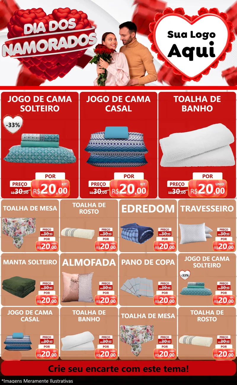 Modelo de Encarte para Encarte Grande com o tema Dia dos Namorados para Cama, Mesa e Banho