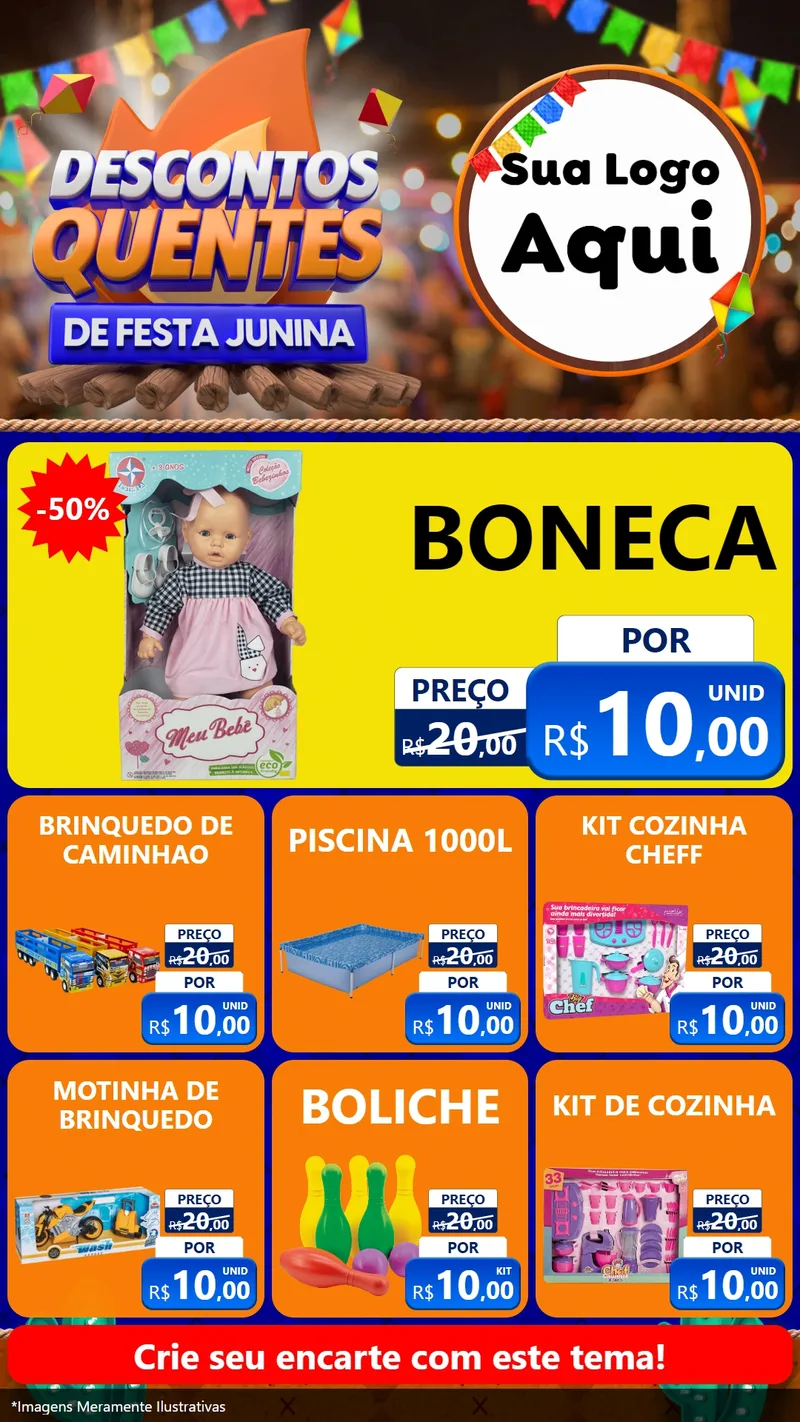 Modelo de Rede Social para Stories com o tema Descontos Quentes de Festa Junina para Brinquedos