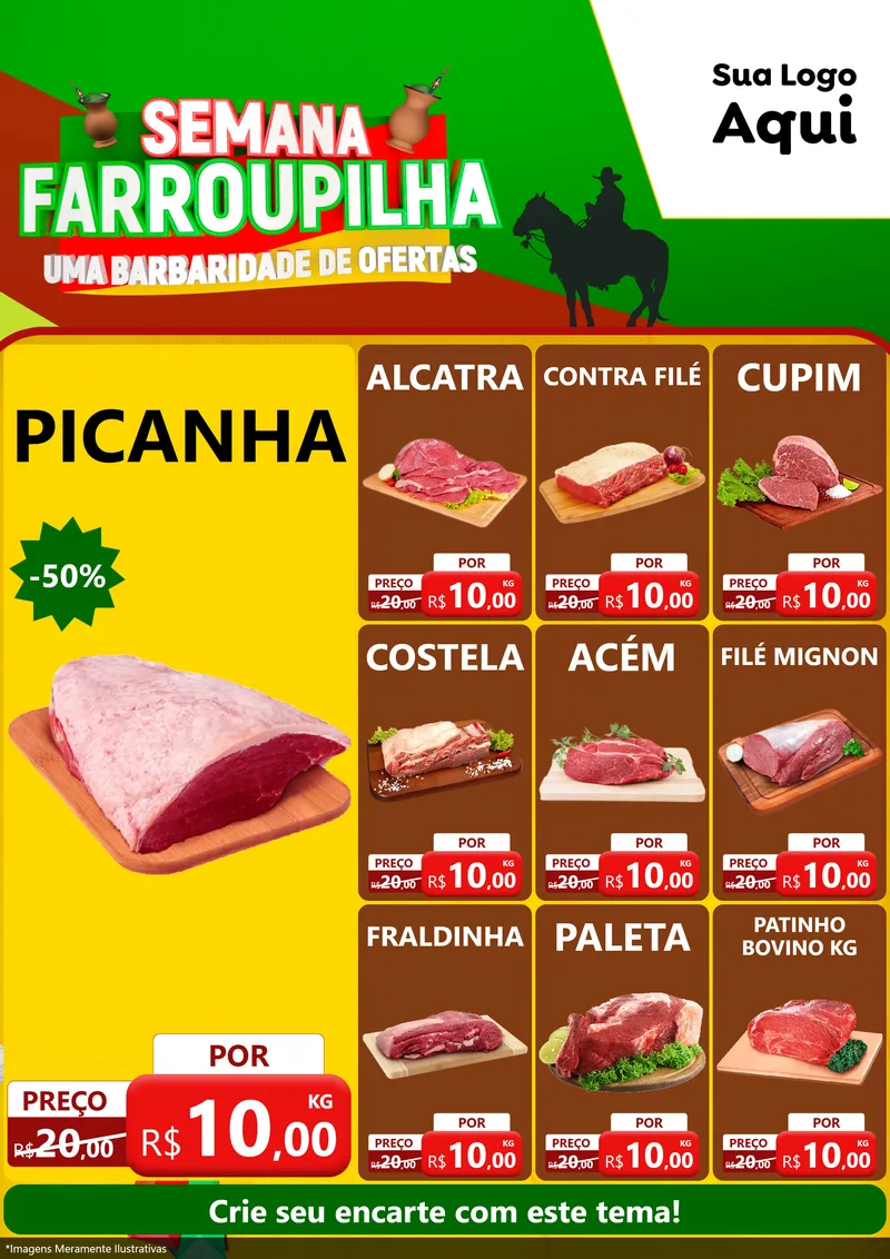 Modelo de Encarte para Encarte A4 Vertical com o tema Semana Farroupilha - Uma Barbaridade de Ofertas para Açougue