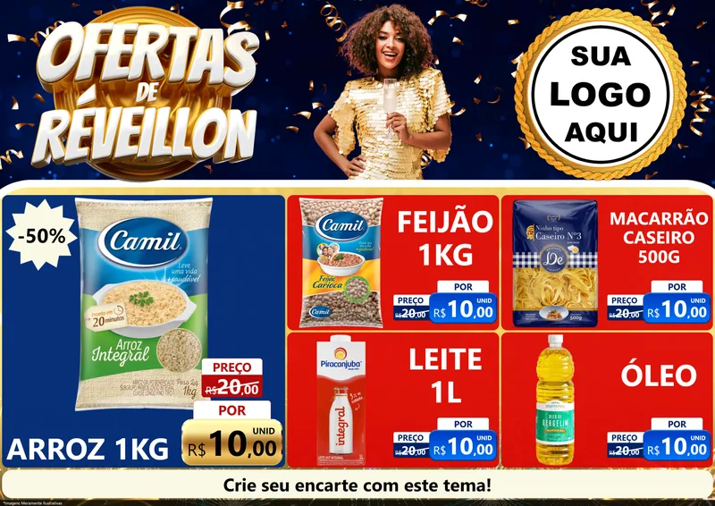 Modelo de Encarte para Encarte A4 Horizontal com o tema Ofertas de Réveillon para Supermercado