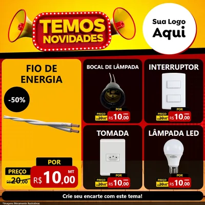 Modelo de Rede Social para Feed Facebook com o tema Temos Novidades para Materiais Elétricos